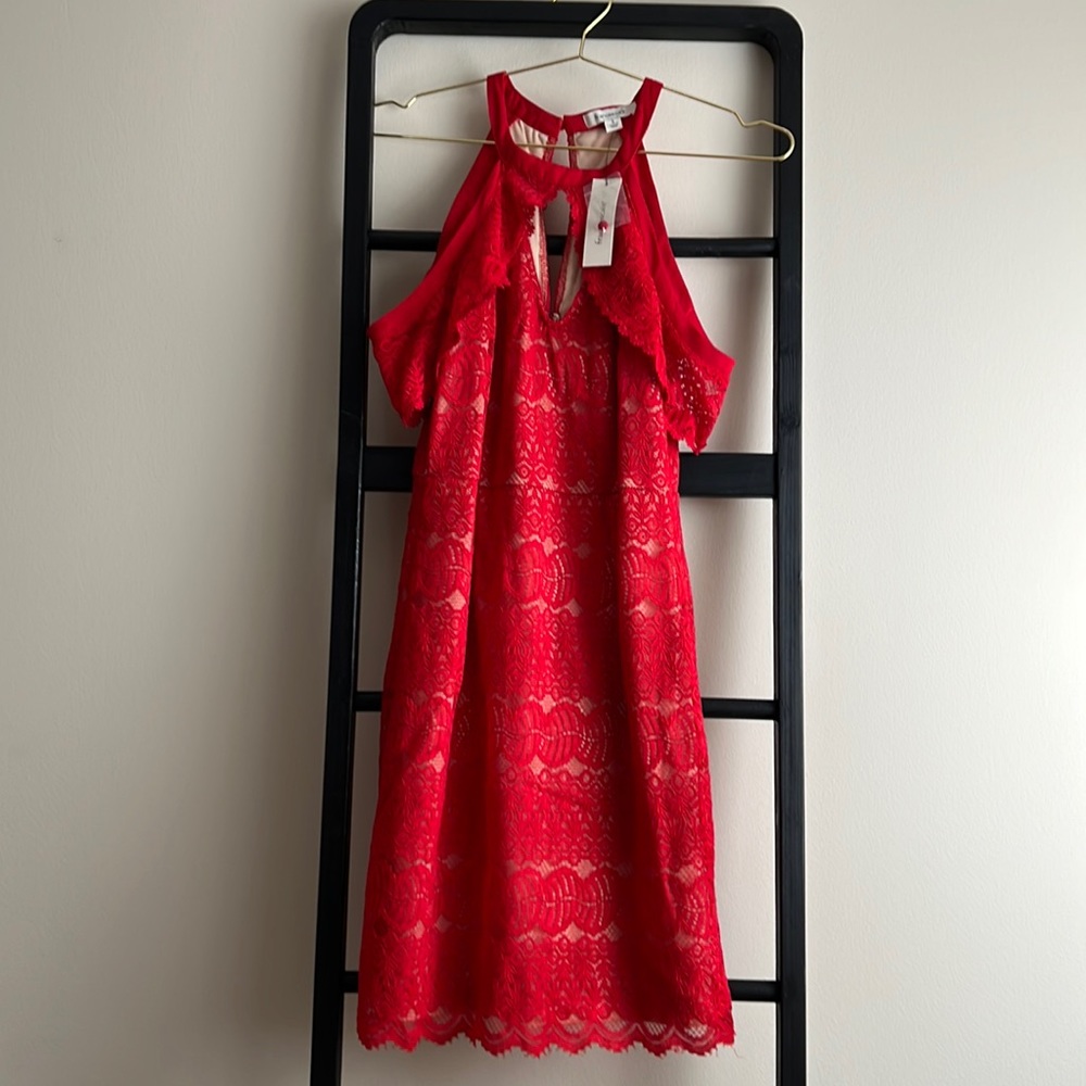 Francesca’s Red Lace Cold Shoulder Mini Dress